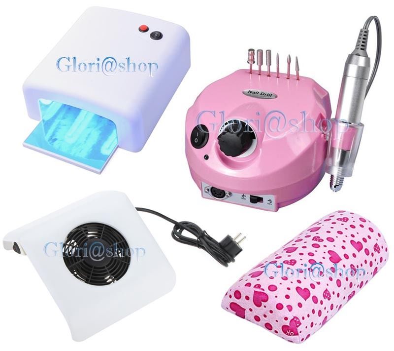 KIT RICOSTRUZIONE UNGHIE LIMA FRESA LAMPADA UV 36W ASPIRATORE CUSCINO NAIL ART