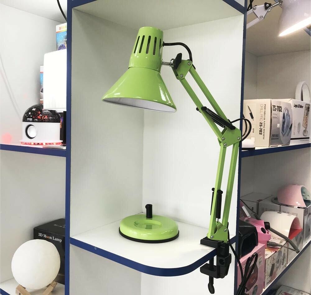 LUMETTO DA SCRIVANIA BRACCIO SNODABILE LAMPADA LUME CON MORSETTO X TAVOLO VERDE