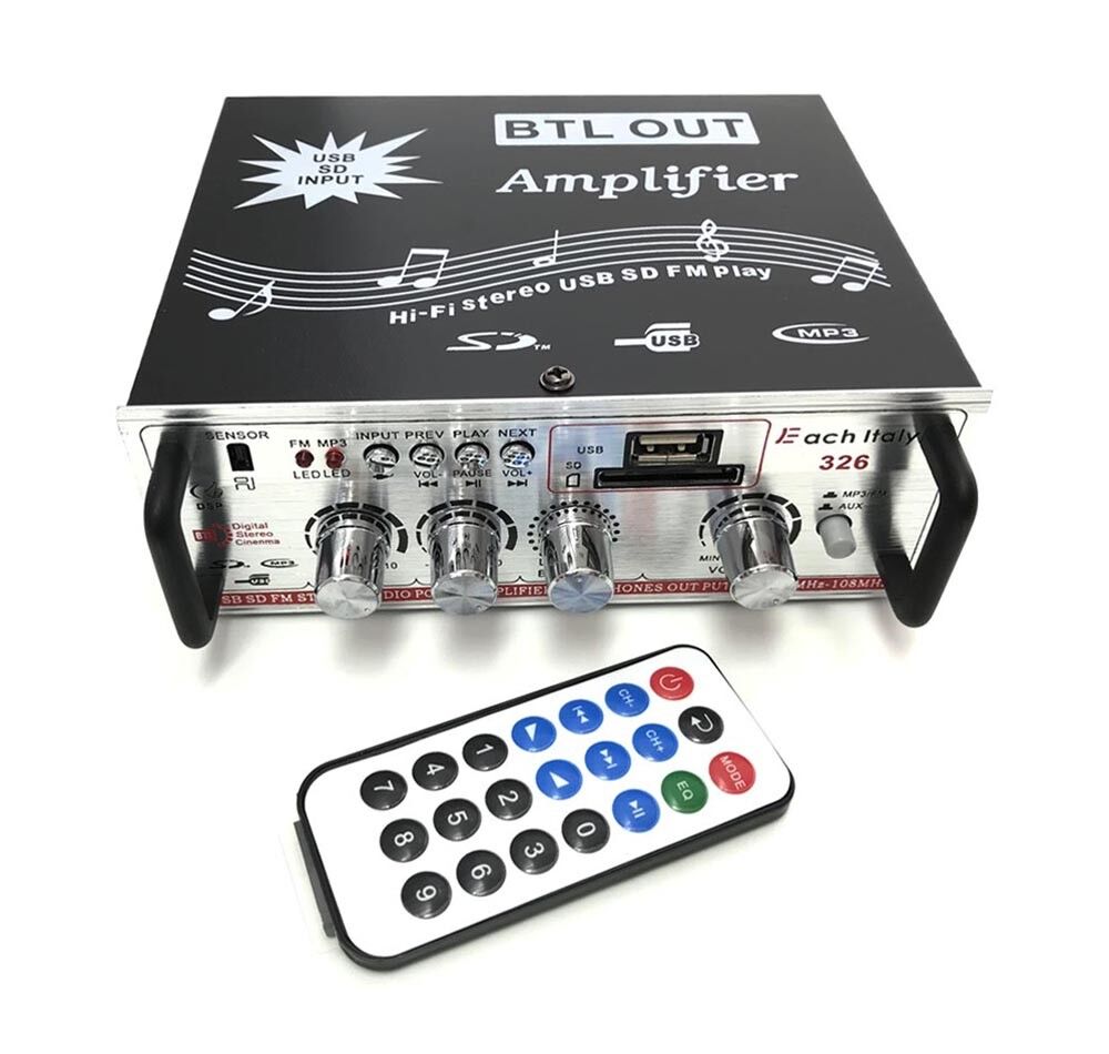 AMPLIFICATORE AUDIO USB MP3 RADIO FM SD CASA AUTO 2 CANALI AUX TELECOMANDO