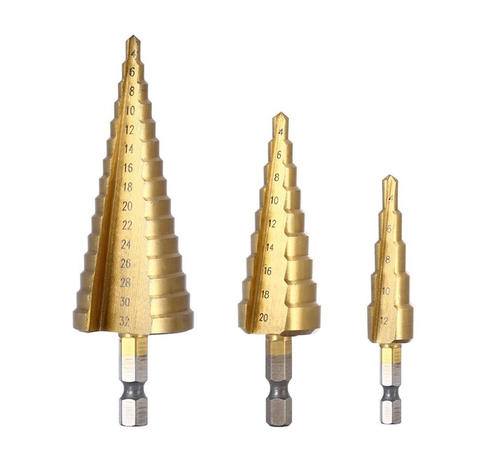 KIT 3 FRESE CONICHE GRADINI DA 4 A 32 MM FRESA CONICA A SCALINI HSS X FORO LEGNO
