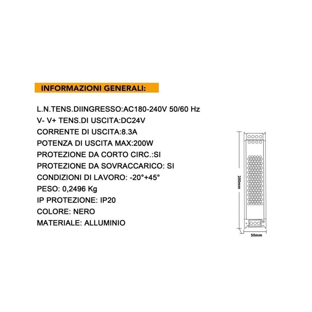ALIMENTATORE 200 W 24 V TRASFORMATORE STABILIZZATO MODELLO SLIM SWITCH 8.3A