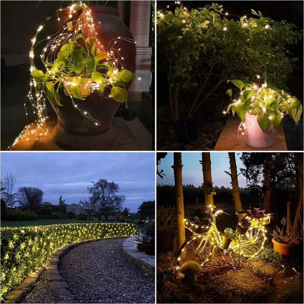 CATENA LUMINOSA 30 MT LUCI NATALIZI PANNELLO SOLARE MINILUCCIOLA 300 LED CALDA