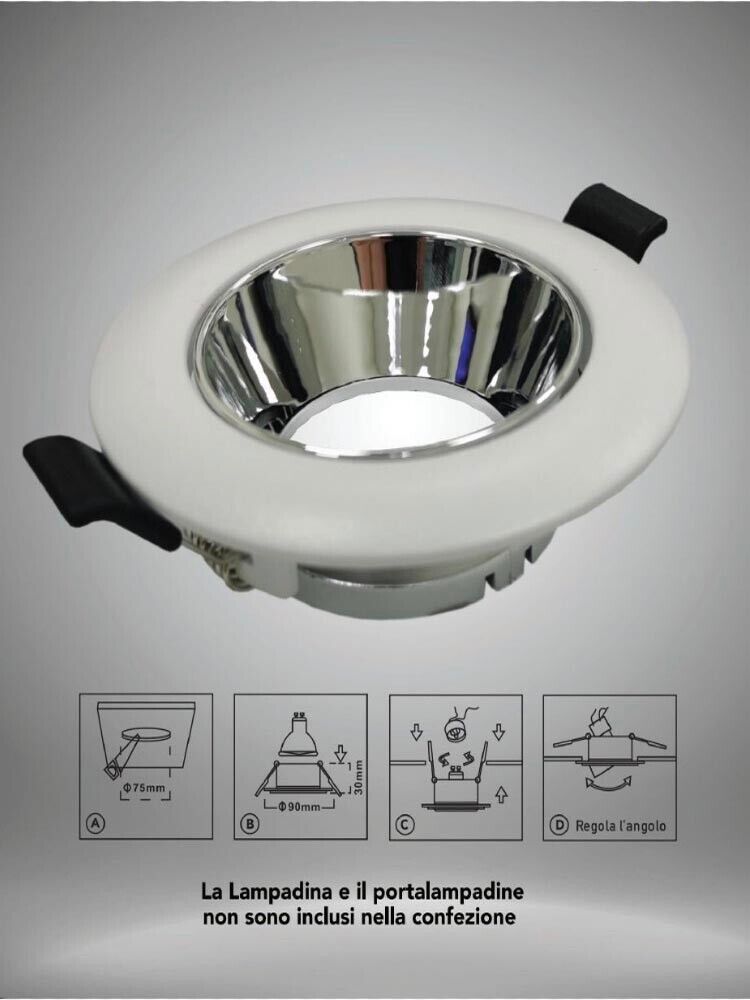 PORTAFARETTO ORIENTABILE INCASSO SOFFITTO SUPPORTO TONDO FARETTO BIANCO ARGENTO