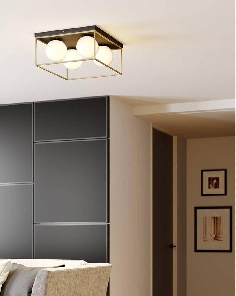 PLAFONIERA DA SOFFITTO 4 X SFERA IN VETRO BIANCO LAMPADARIO METALLO NERO BRONZO