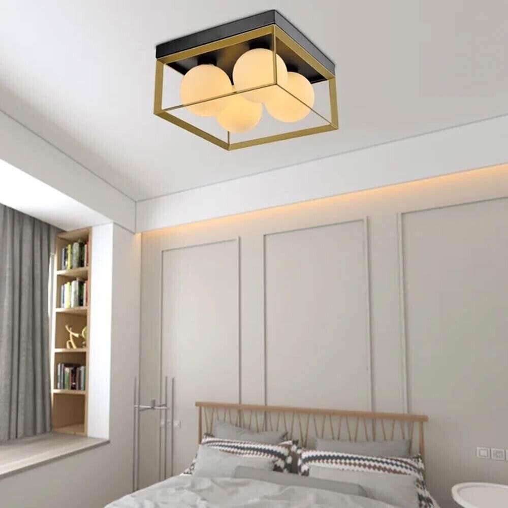 PLAFONIERA DA SOFFITTO 4 X SFERA IN VETRO BIANCO LAMPADARIO METALLO NERO BRONZO