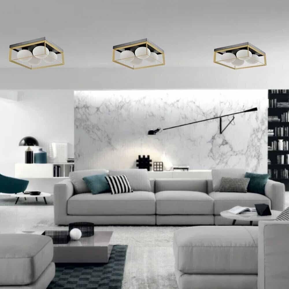 PLAFONIERA DA SOFFITTO 4 X SFERA IN VETRO BIANCO LAMPADARIO METALLO NERO BRONZO