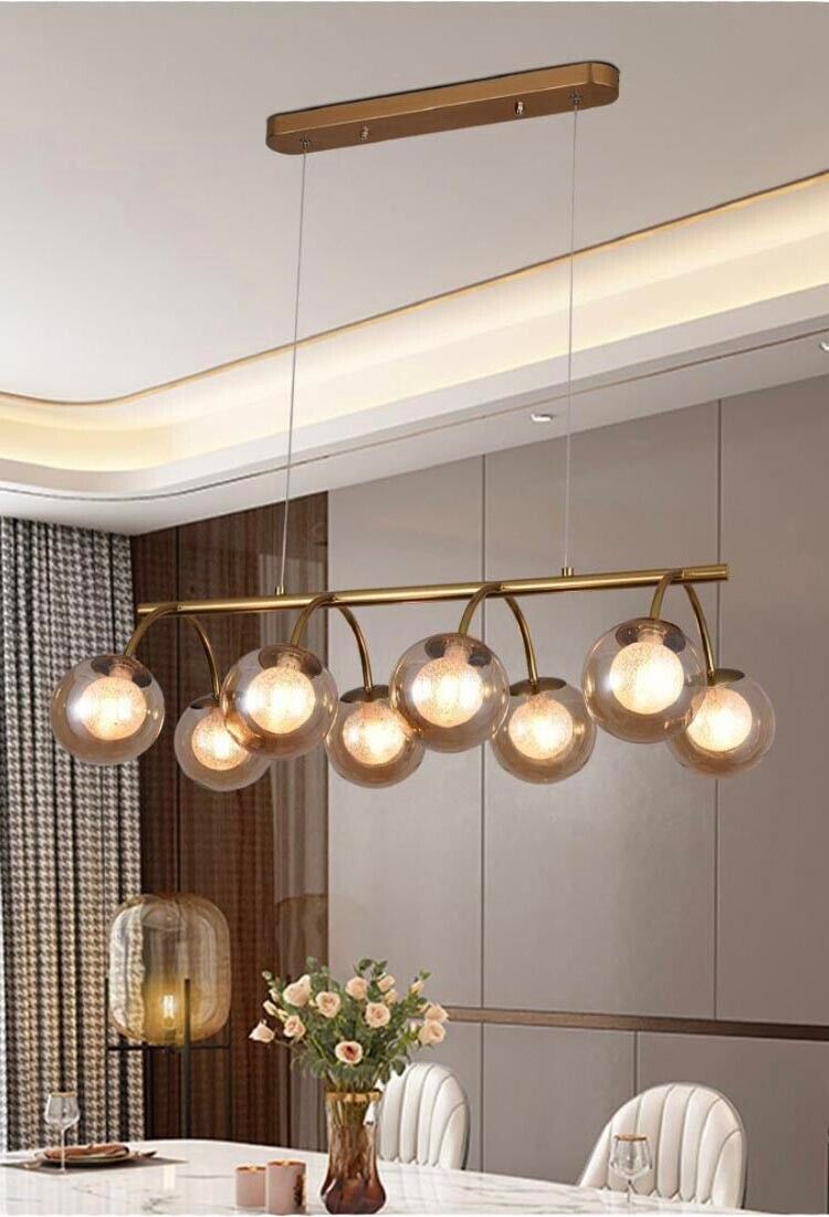 LAMPADARIO A SOSPENSIONE 8 SFERE IN VETRO AMBRA LAMPADA SOFFITTO METALLO BRONZO