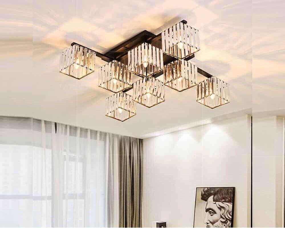 LAMPADARIO DA SOFFITTO 8 CUBI IN VETRO PORTALAMPADINA E27 METALLO NERO MODERNO