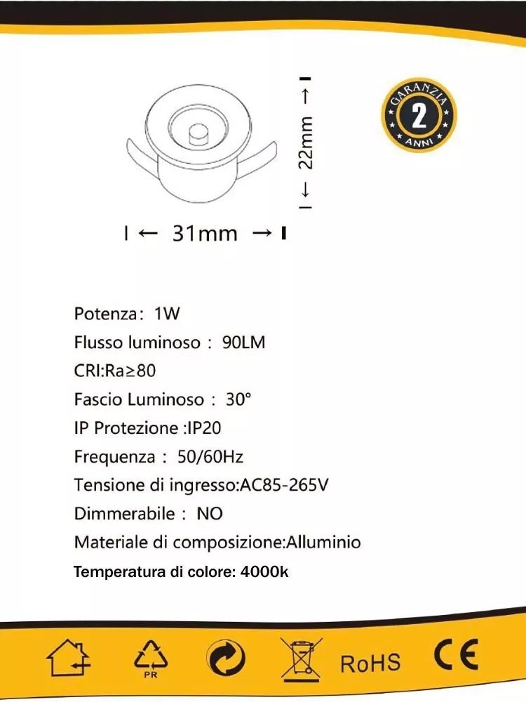 KIT 10 FARETTI LUCE NATURALE FARETTO LED A INCASSO 1 W TRASFORMATORE SILVER P31