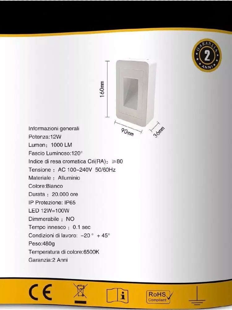 APPLIQUE LED LUCE BIANCA FARETTO 12 W SEGNAPASSI A MURO ESTERNO BIANCO IP65 ES62