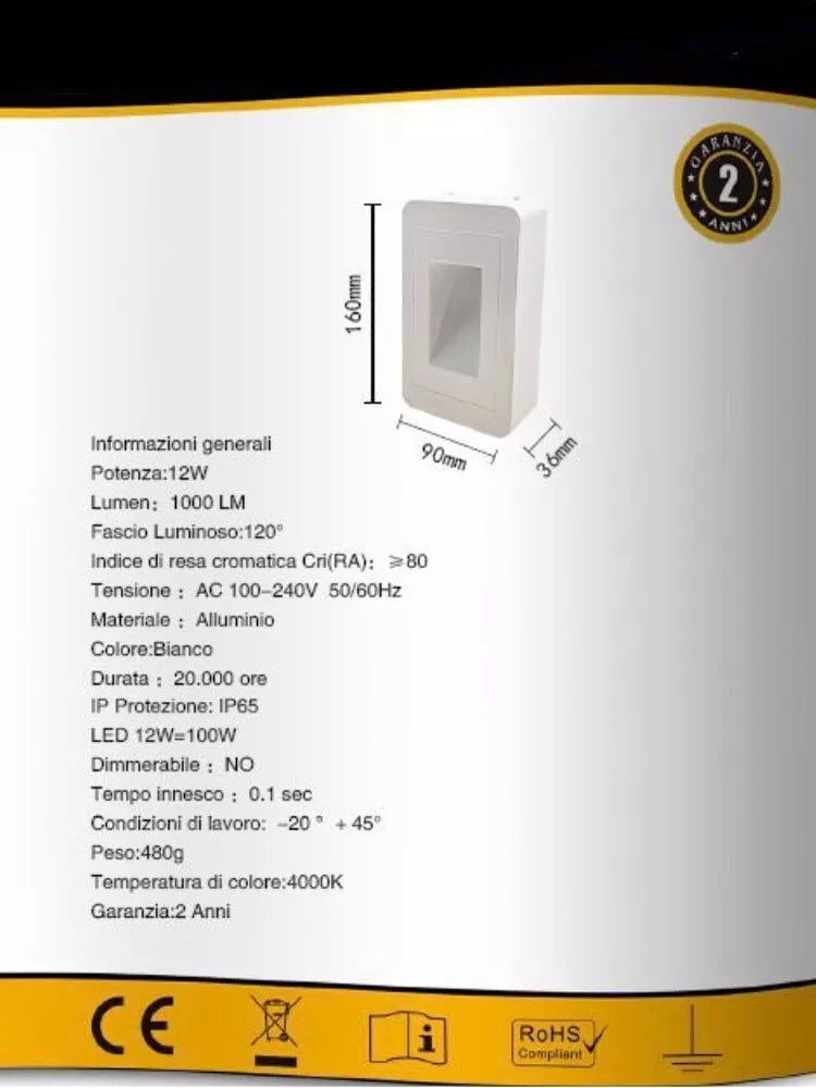 APPLIQUE LED LUCE NATURALE FARETTO 12 W SEGNAPASSI A MURO ESTERNO BIANCO ES62