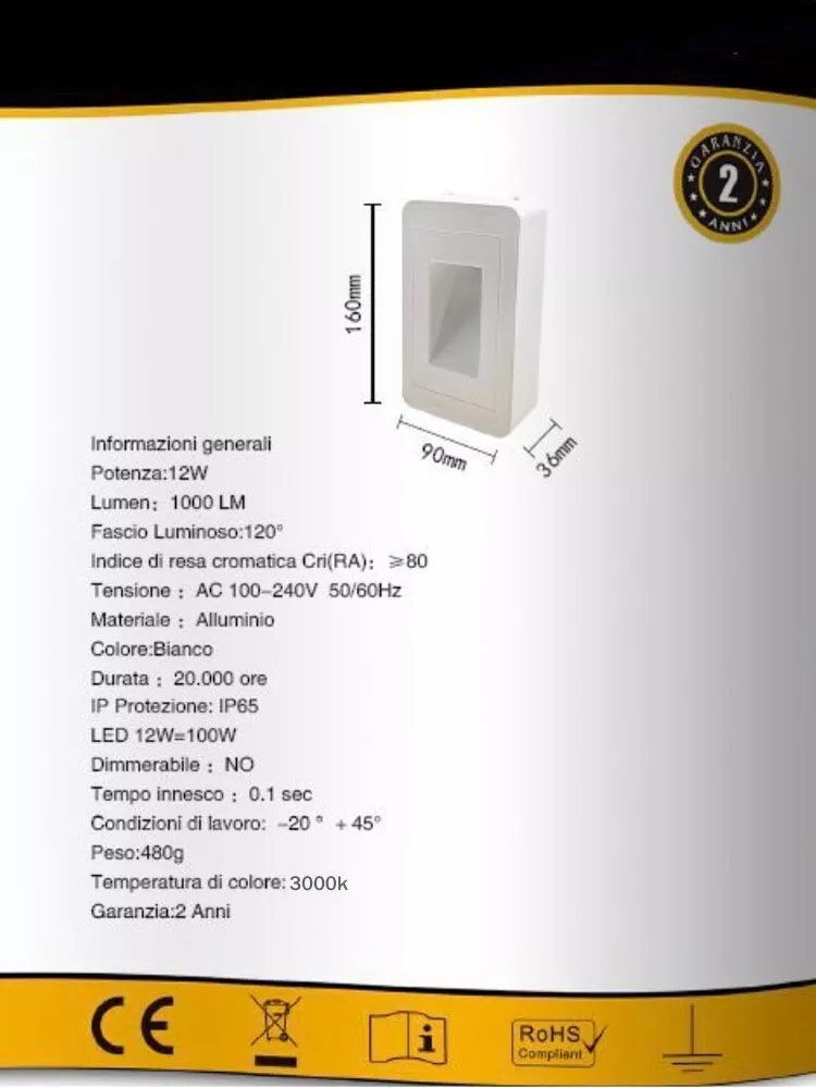 APPLIQUE LED LUCE CALDA FARETTO 12 W SEGNAPASSI LAMPADA IP65 ESTERNO BIANCO ES62