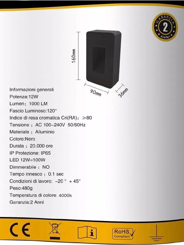 APPLIQUE LED LUCE NATURALE FARETTO 12 W SEGNAPASSI A MURO ESTERNO NERO IP65 ES62