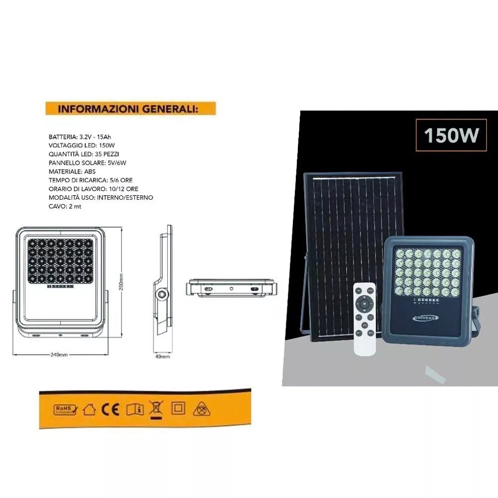 FARO LED CON PANNELLO SOLARE 150 WATT LUCE NATURALE 4000K TELECOMANDO
