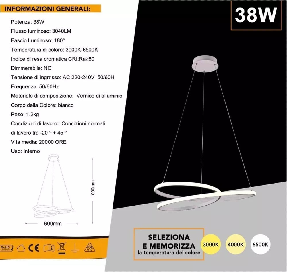 LAMPADARIO LED A SOSPENSIONE ANELLI INCROCIATI 38 W LUCE BIANCA CALDA NATURALE