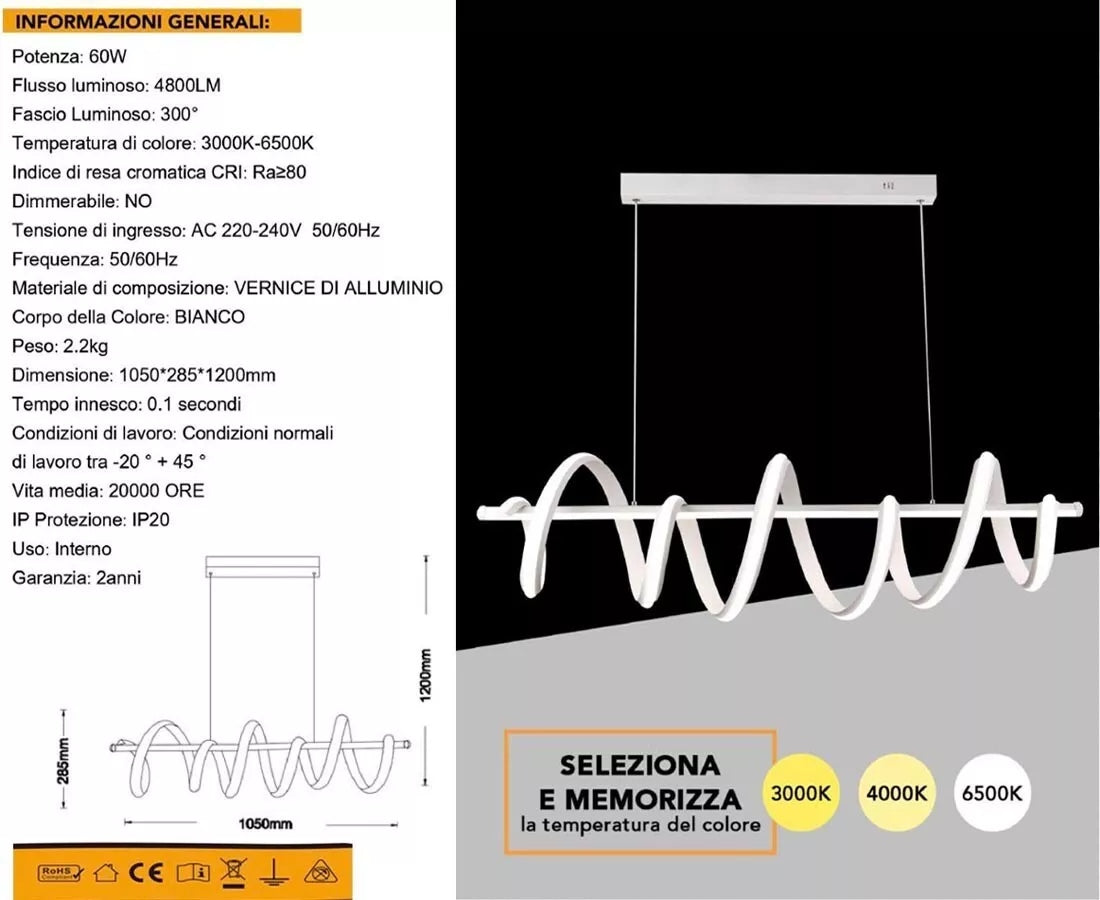 LAMPADARIO LED 3 TONALITA LUCE BIANCA CALDA NATURALE 60 WATT STILE MODERNO