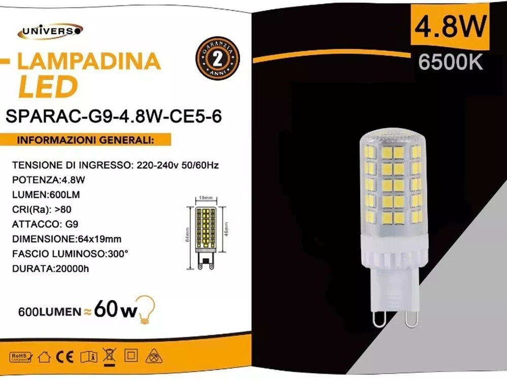 5 LAMPADINE G9 LAMPADINA LED 4.8 W = 60 W LUCE BIANCA PER LAMPADARIO APPLIQUE