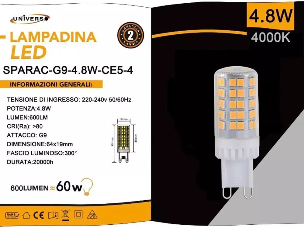 5 LAMPADINE G9 LAMPADINA LED 4.8 W = 60 W LUCE NATURALE PER LAMPADARIO APPLIQUE