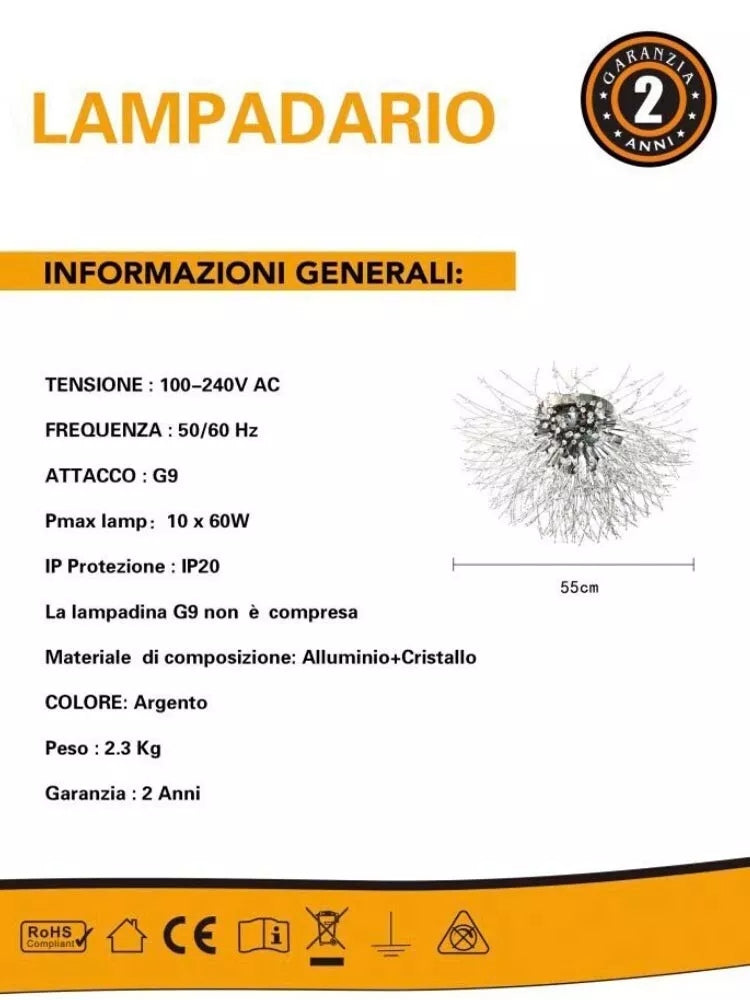 LAMPADARIO PLAFONIERA G9 FILI IN ACCIAIO CON CRISTALLI STILE MODERNO PN13A