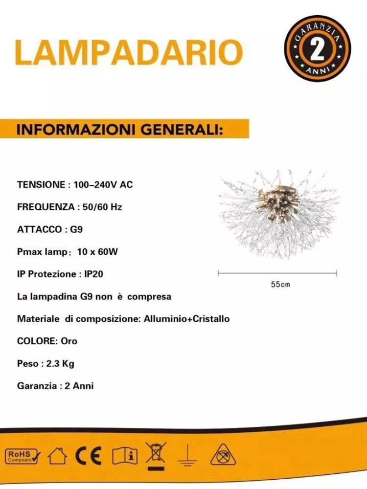 LAMPADARIO PLAFONIERA G9 FILI IN ACCIAIO CON CRISTALLI STILE MODERNO PN13O