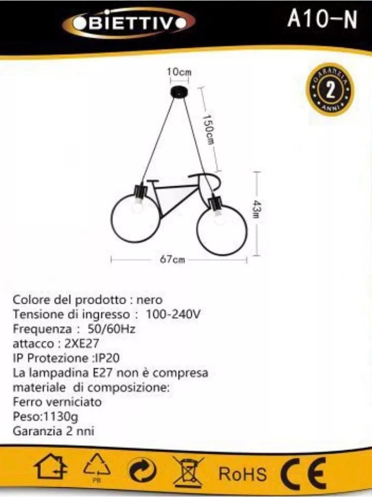 LAMPADARIO ASOSPENSIONE FORMA DI BICICLETTA BICI PORTALAMPADA E27 METALLO NERO