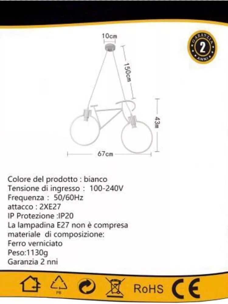 LAMPADARIO A SOSPENSIONE FORMA DI BICICLETTA BICI PORTALAMPADA E27 BIANCO