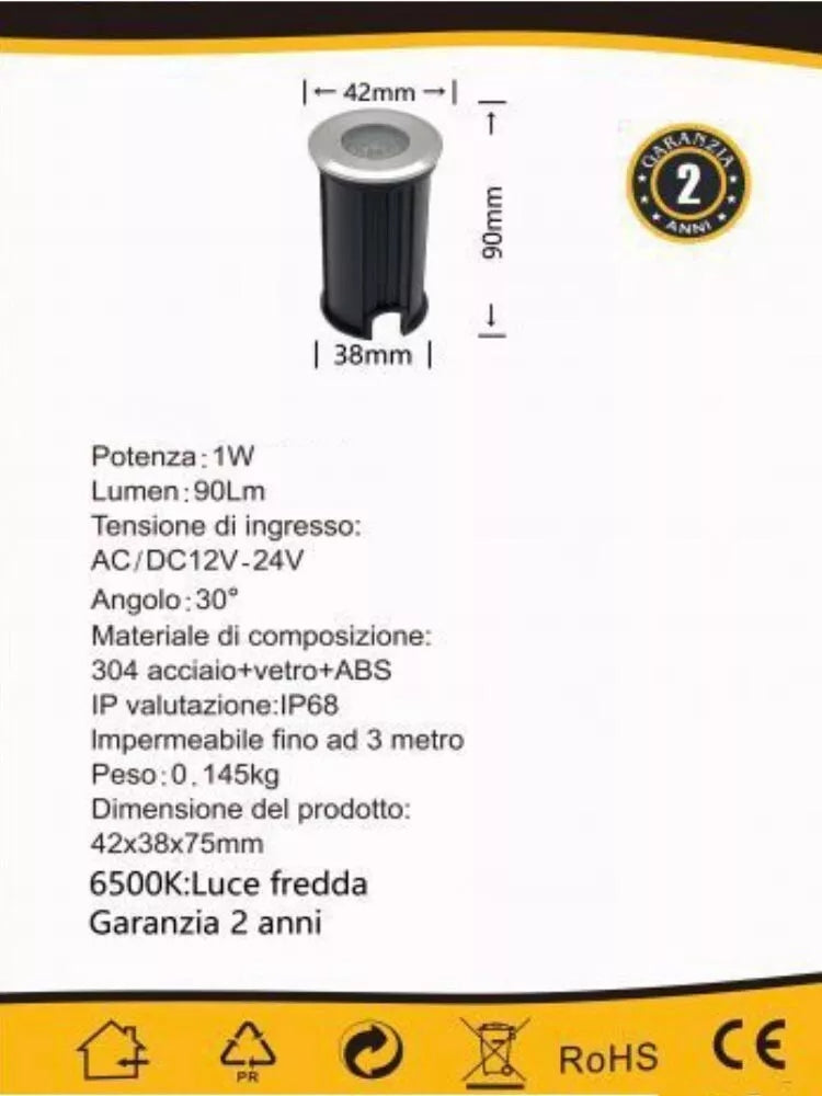 FARETTO LED LUCE BIANCA SEGNAPASSI CALPESTABILE 12 V 1 WATT ESTERNO IP68 ES41