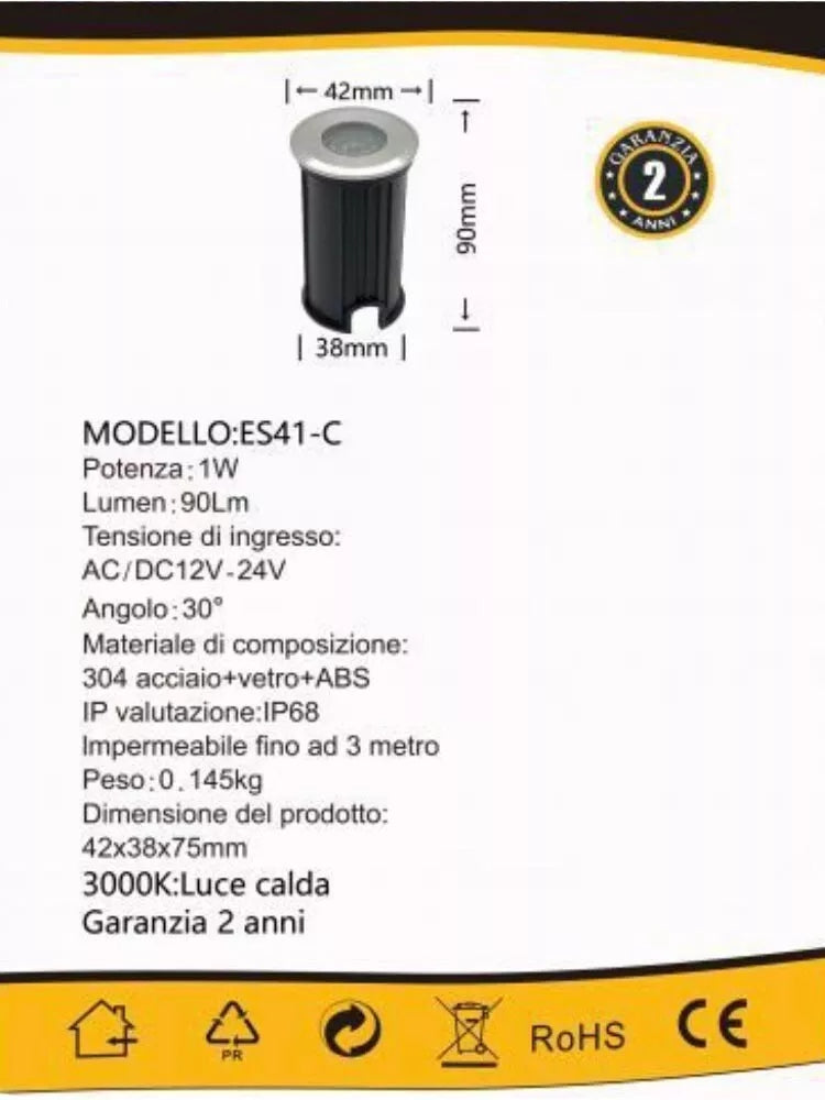 FARETTO SEGNAPASSI CALPESTABILE CARRABILE 12 V 1 W LED LUCE CALDA ESTERNO ES41
