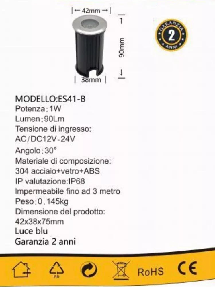 FARETTO SEGNAPASSI CALPESTABILE 12 V 1 W LED LUCE BLU ESTERNO GIARDINO IP68 ES41