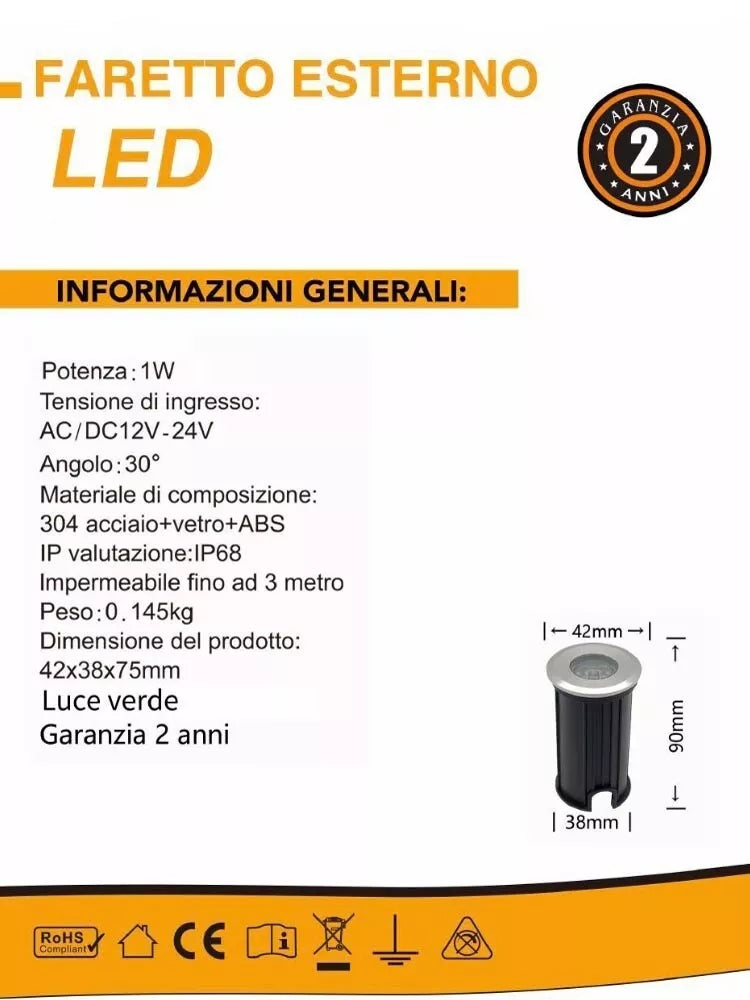 FARETTO SEGNAPASSI CALPESTABILE 12 V 1 W LED LUCE VERDE ESTERNO IP68 ES41