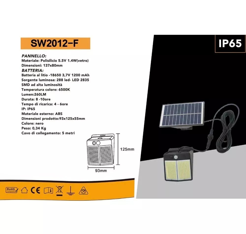 FARETTO CON PANNELLO SOLARE SENSORE MOVIMENTO APPLIQUE LUCE BIANCA 6500K IP65
