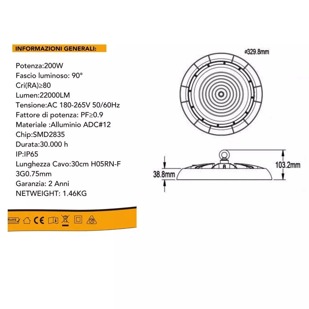 FARO LED LAMPADA INDUSTRIALE 200 W LUCE BIANCA DISCO ROTONDO UFO ESTERNO IP65 HE