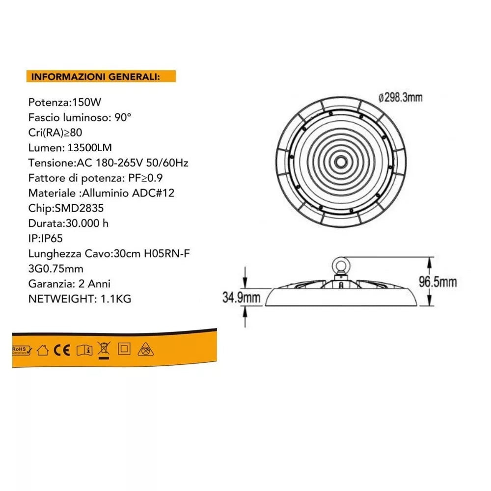 FARO LED LAMPADA INDUSTRIALE 150 W LUCE NATURALE DISCO ROTONDO UFO IP65 HE