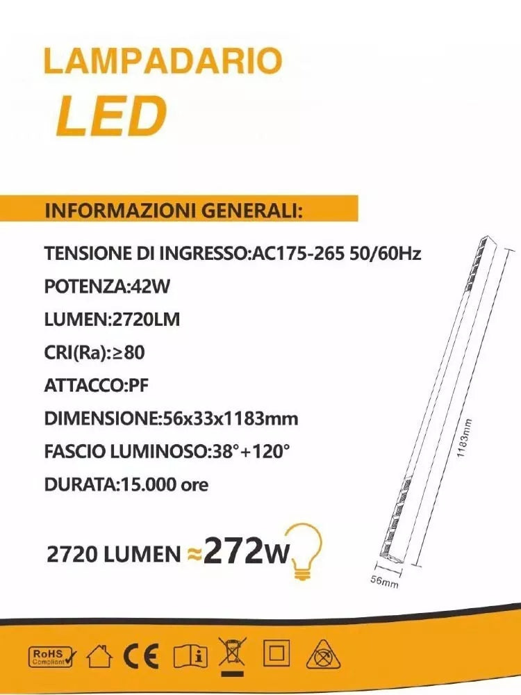 LAMPADARIO LED LUCE BIANCA CALDA NATURALE LAMPADA A SOSPENSIONE LINEARE 42 W A70