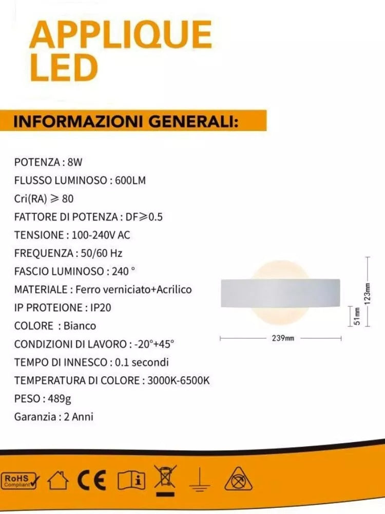 APPLIQUE LED 3 COLORI LUCE BIANCA CALDA NATURALE LAMPADA DA PARETE 8 W MODERNO
