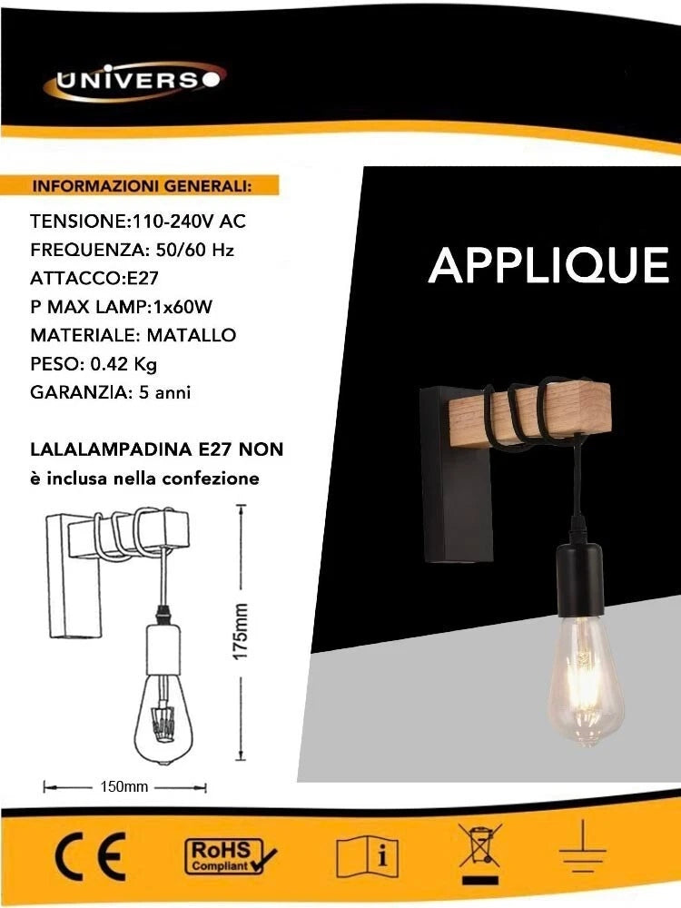 APPLIQUE DA PARETE PORTALAMPADA E27 LAMPADA STILE INDUSTRIALE RETRÒ VINTAGE