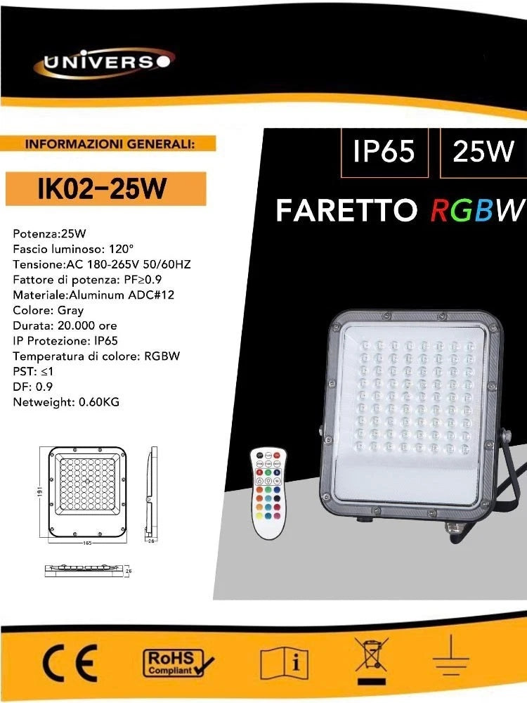 FARO LED LUCE BIANCA + RGB W 25 PROIETTORE PER ESTERNO GIARDINO TELECOMANDO IP65
