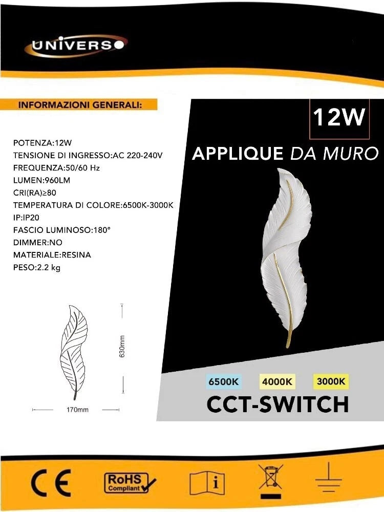 APPLIQUE LED A FORMA DI PIUMA LAMPADA LUCE BIANCA CALDA NATURALE 12 W 3 CCT