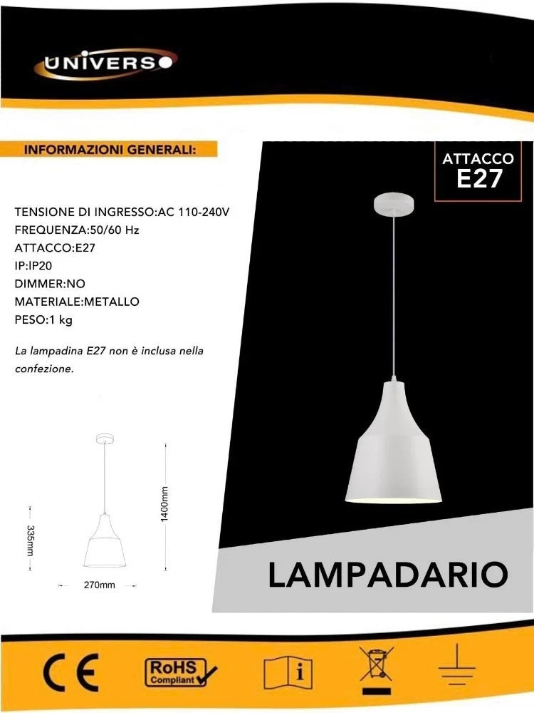 LAMPADARIO A SOSPENSIONE PARALUME A CUPOLA PORTALAMPADA E27 MODERNO BIANCO