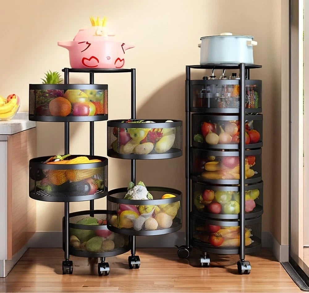 CARRELLO IN METALLO 5 RIPIANI GIRA 360° CESTO PORTA FRUTTA VERDURA 4 RUOTE 90 CM