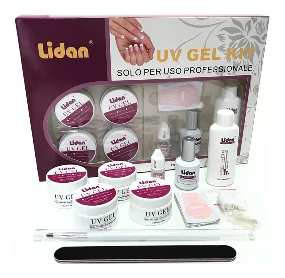 KIT RICOSTRUZIONE UNGHIE NAIL ART 4 . UV GEL BIANCO ROSA LIMETTA PENNELLO TIPS