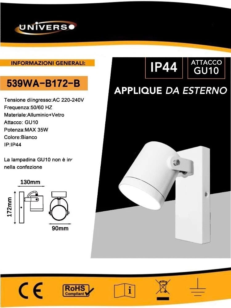 APPLIQUE A PARETE FARETTO ORIENTABILE ATTACCO GU10 LAMPADA X MURO ESTERNO BIANCO