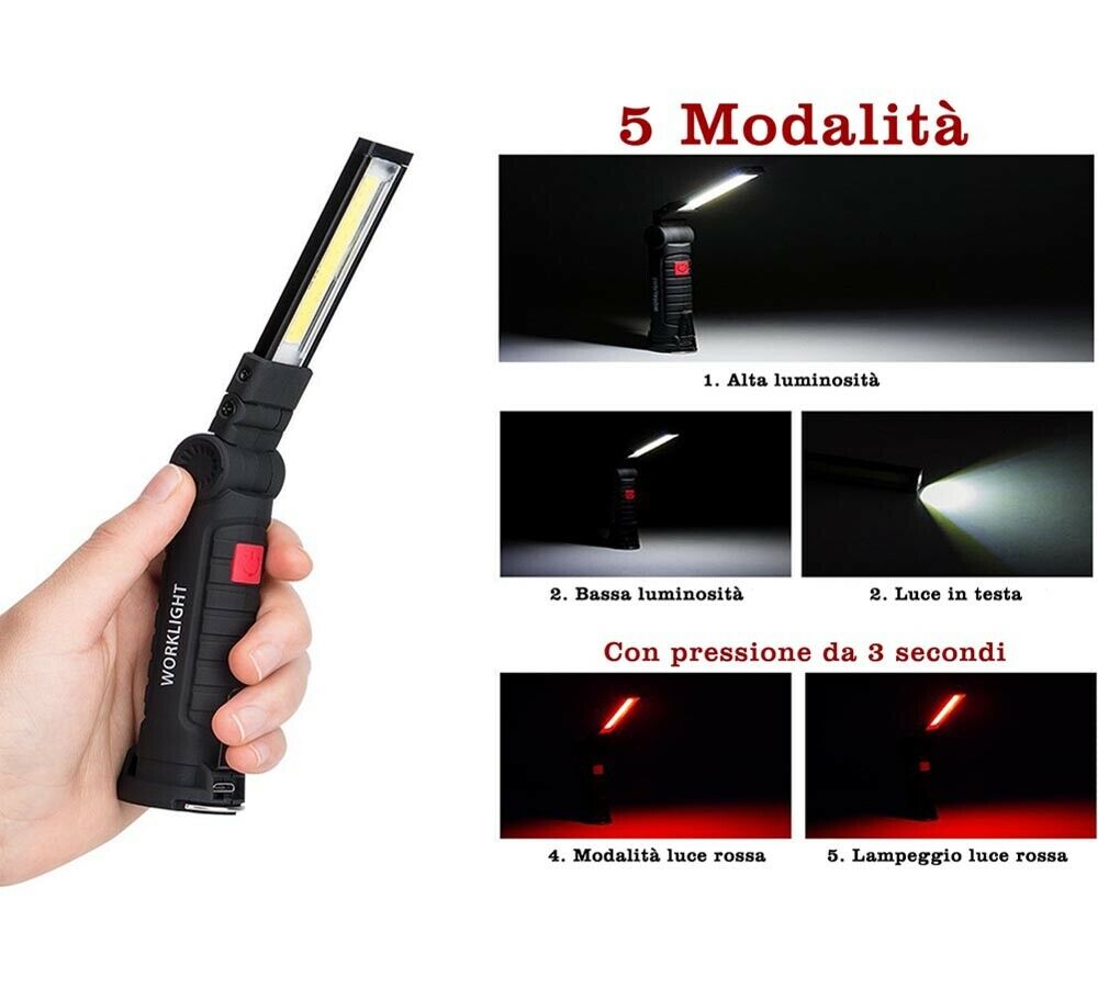 MINI TORCIA LED COB LUCE BIANCA ROSSA BATTERIA RICARICABILE BASE CALAMITATA