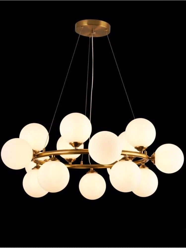 LAMPADARIO A SOSPENSIONE IN METALLO BRONZO CON 15 SFERE SFERA BIANCA ATTACCO G9