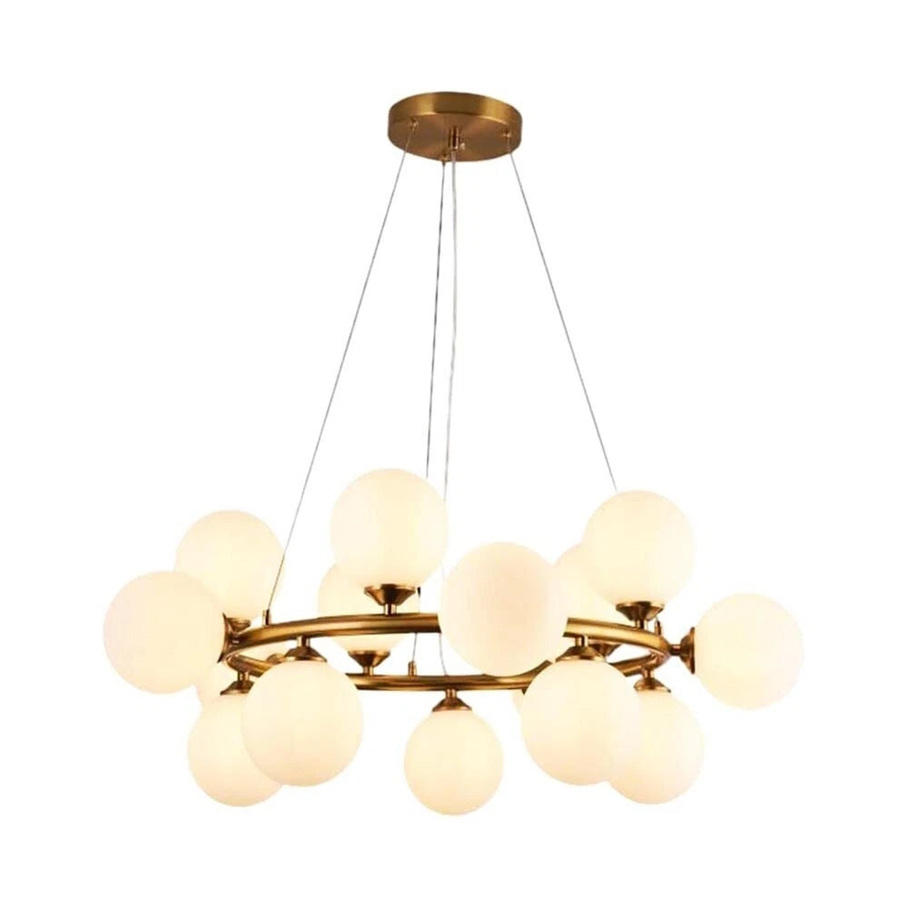 LAMPADARIO A SOSPENSIONE IN METALLO BRONZO CON 15 SFERE SFERA BIANCA ATTACCO G9