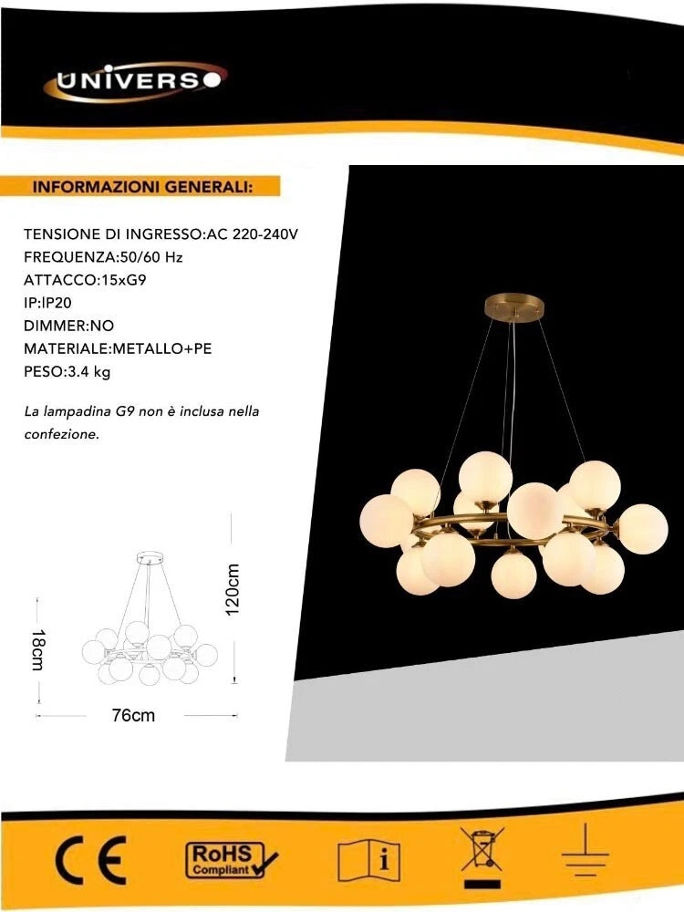 LAMPADARIO A SOSPENSIONE IN METALLO BRONZO CON 15 SFERE SFERA BIANCA ATTACCO G9