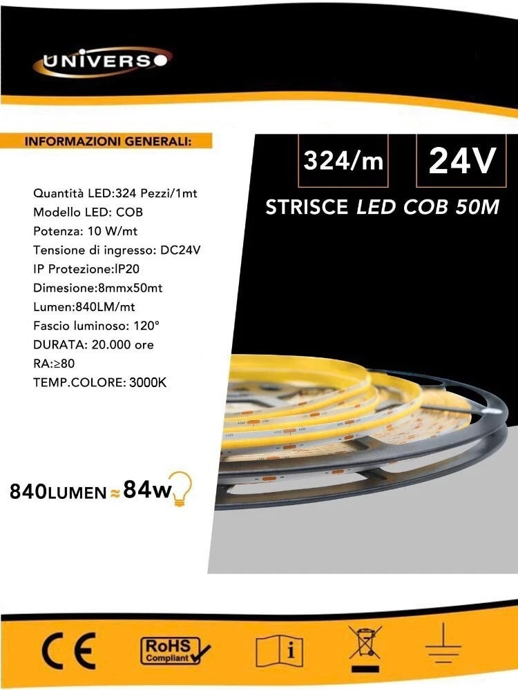 STRISCIA LED COB LUCE CALDA BOBINA 50 METRI 24 V SMD 500 WATT 3000K 8 MM