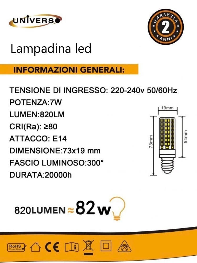 LAMPADINA LED 7 W LUCE CALDA 3000K 2 LAMPADINE E14 PER LAMPADARIO