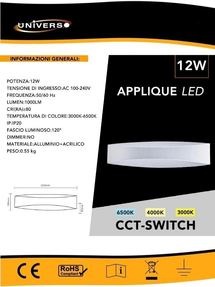 APPLIQUE LED LUCE BIANCA CALDA NATURALE 12 W LAMPADA DA PARETE 3 CCT BIANCO