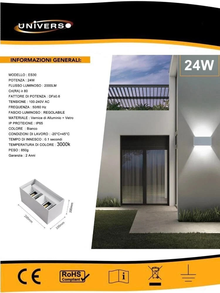 APPLIQUE LED LUCE CALDA LAMPADA DA PARETE DOPPIA EMISSIONE FARETTO 24 W BIANCO